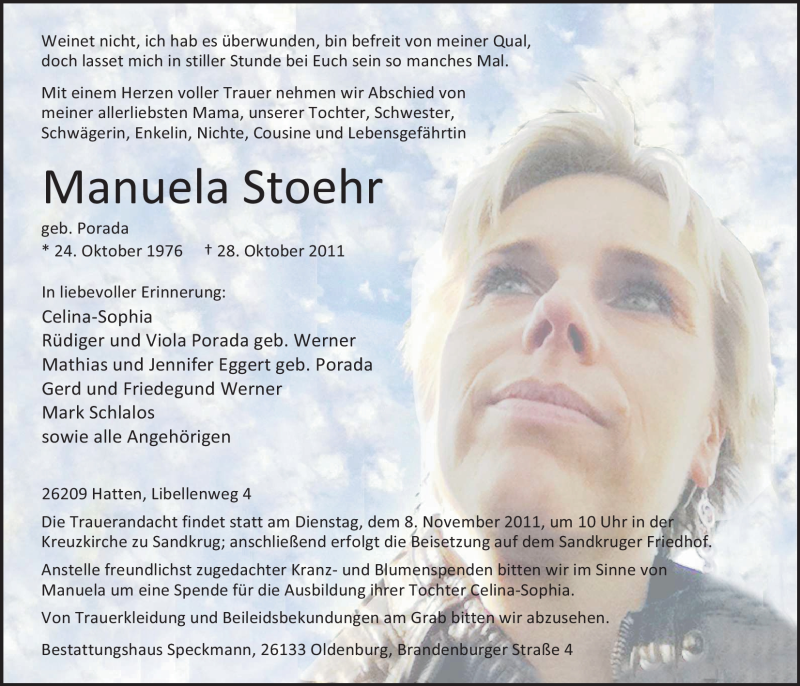  Traueranzeige für Manuela Stoehr vom 02.11.2011 aus Nordwest-Zeitung