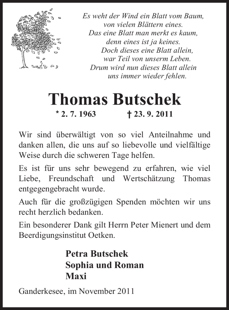  Traueranzeige für Thomas Butschek vom 05.11.2011 aus Nordwest-Zeitung
