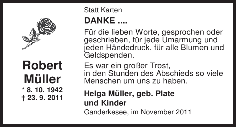  Traueranzeige für Robert Müller vom 05.11.2011 aus Nordwest-Zeitung