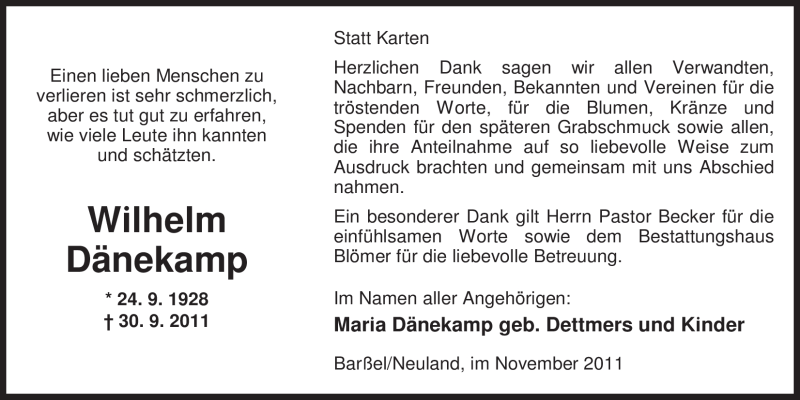  Traueranzeige für Wilhelm Dänekamp vom 05.11.2011 aus Nordwest-Zeitung