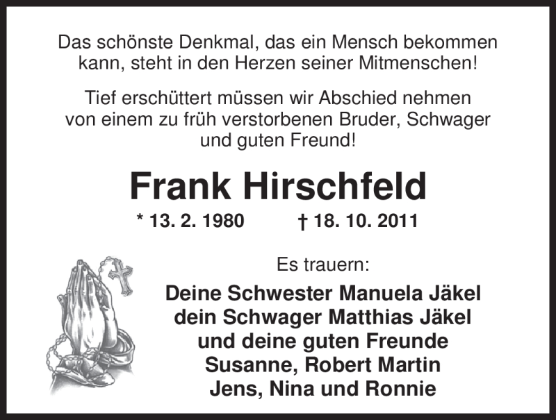  Traueranzeige für Frank Hirschfeld vom 08.11.2011 aus Nordwest-Zeitung