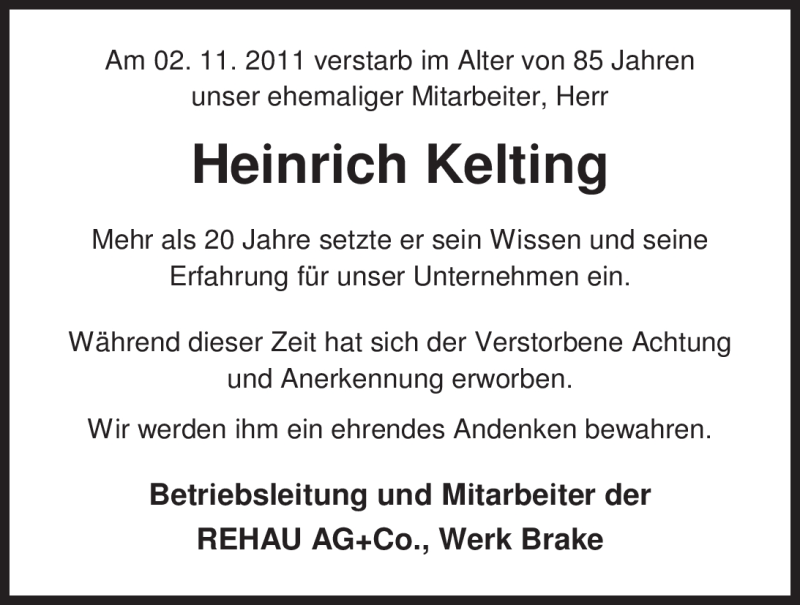  Traueranzeige für Heinrich Kelting vom 08.11.2011 aus Nordwest-Zeitung