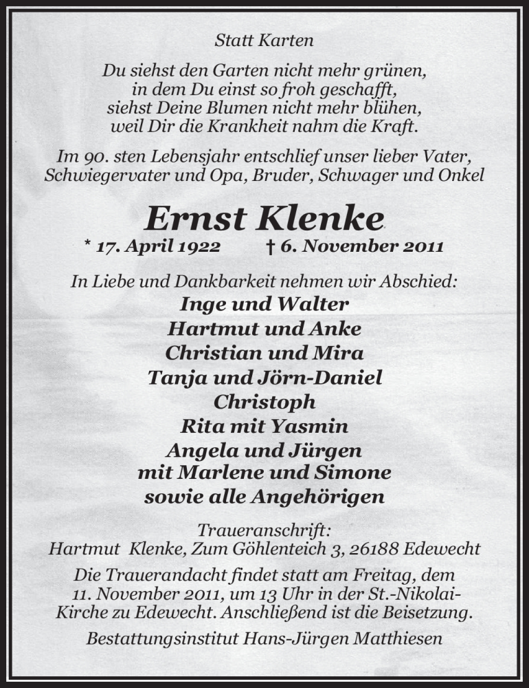  Traueranzeige für Ernst Klenke vom 08.11.2011 aus Nordwest-Zeitung