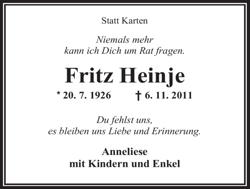  Traueranzeige für Fritz Heinje vom 09.11.2011 aus Nordwest-Zeitung
