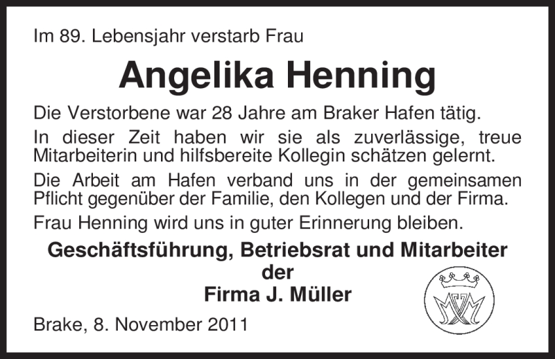  Traueranzeige für Angelika Henning vom 09.11.2011 aus Nordwest-Zeitung
