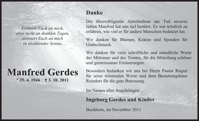  Traueranzeige für Manfred Gerdes vom 12.11.2011 aus Nordwest-Zeitung