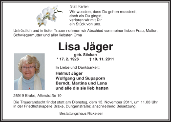 Traueranzeige von Lisa Jäger von Nordwest-Zeitung