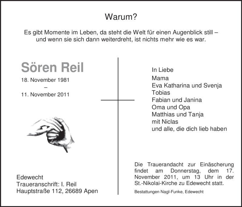  Traueranzeige für Sören Reil vom 15.11.2011 aus Nordwest-Zeitung