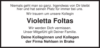 Traueranzeige von Violetta Foltas von Nordwest-Zeitung