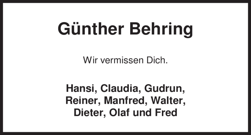 Traueranzeige für Günther Behring vom 15.11.2011 aus Nordwest-Zeitung
