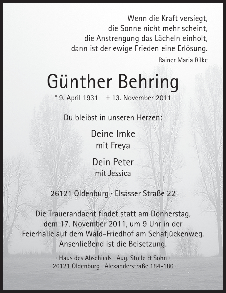  Traueranzeige für Günther Behring vom 15.11.2011 aus Nordwest-Zeitung