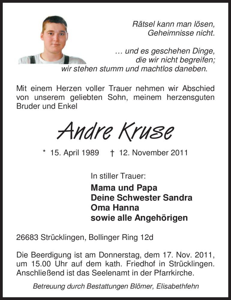  Traueranzeige für Andre Kruse vom 15.11.2011 aus Nordwest-Zeitung