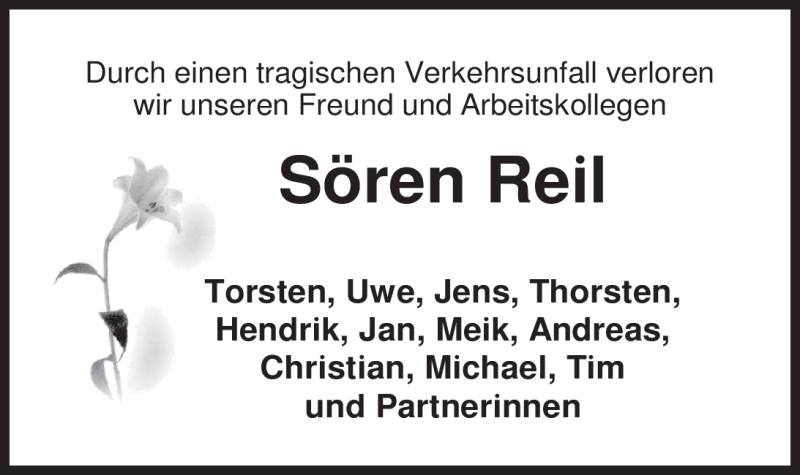  Traueranzeige für Sören Reil vom 16.11.2011 aus Nordwest-Zeitung