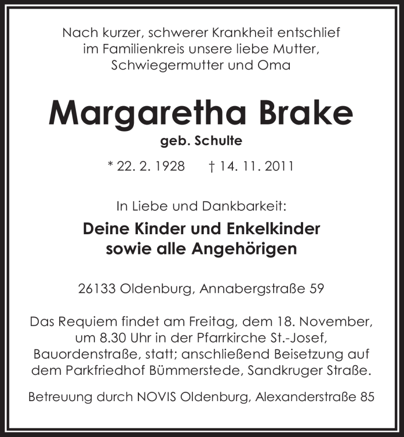  Traueranzeige für Margaretha Brake vom 16.11.2011 aus Nordwest-Zeitung