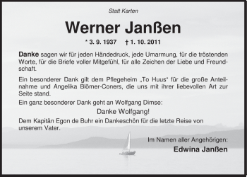 Traueranzeige von Werner Janßen von Nordwest-Zeitung