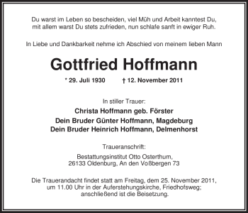 Traueranzeige von Gottfried Hoffmann von Nordwest-Zeitung