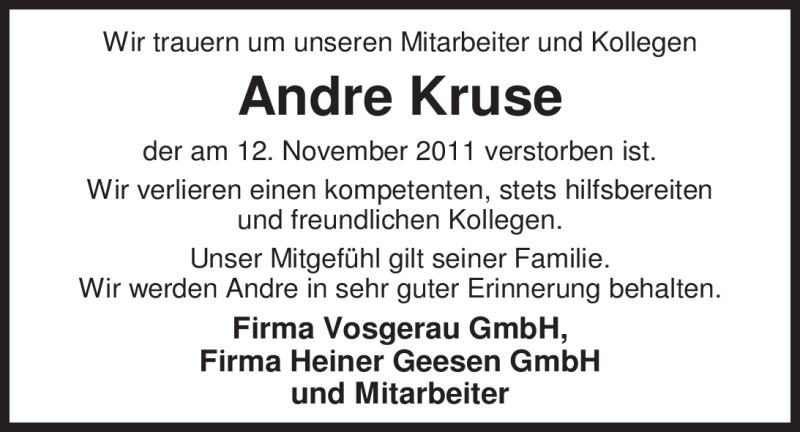  Traueranzeige für Andre Kruse vom 17.11.2011 aus Nordwest-Zeitung