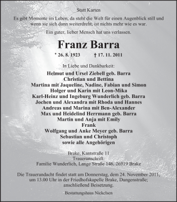 Traueranzeige von Franz Barra von Nordwest-Zeitung