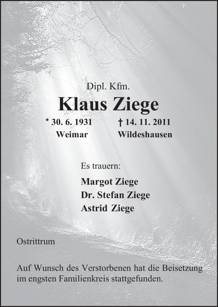  Traueranzeige für Klaus Ziege vom 26.11.2011 aus Nordwest-Zeitung