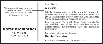 Traueranzeige von Horst Klemptner von Nordwest-Zeitung