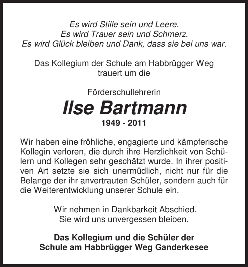  Traueranzeige für Ilse Bartmann vom 29.11.2011 aus Nordwest-Zeitung