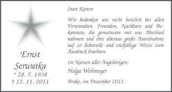 Traueranzeige von Ernst Serwatka von Nordwest-Zeitung