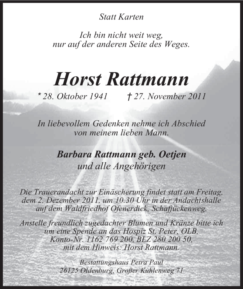  Traueranzeige für Horst Rattmann vom 29.11.2011 aus Nordwest-Zeitung