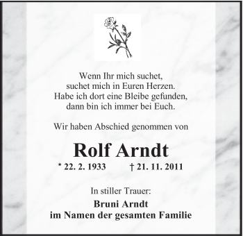 Traueranzeige von Rolf Arndt von Nordwest-Zeitung