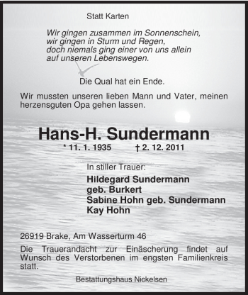 Traueranzeige von Hans-H. Sundermann von Nordwest-Zeitung