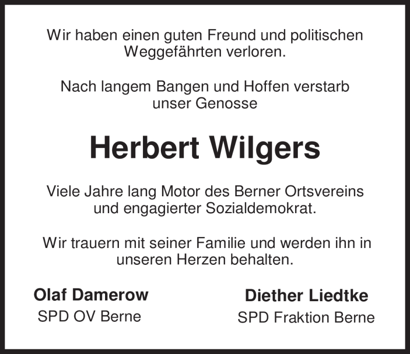  Traueranzeige für Herbert Wilgers vom 05.12.2011 aus Nordwest-Zeitung