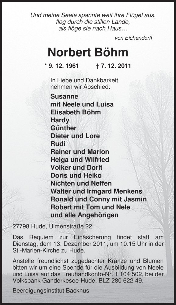  Traueranzeige für Norbert Böhm vom 09.12.2011 aus Nordwest-Zeitung
