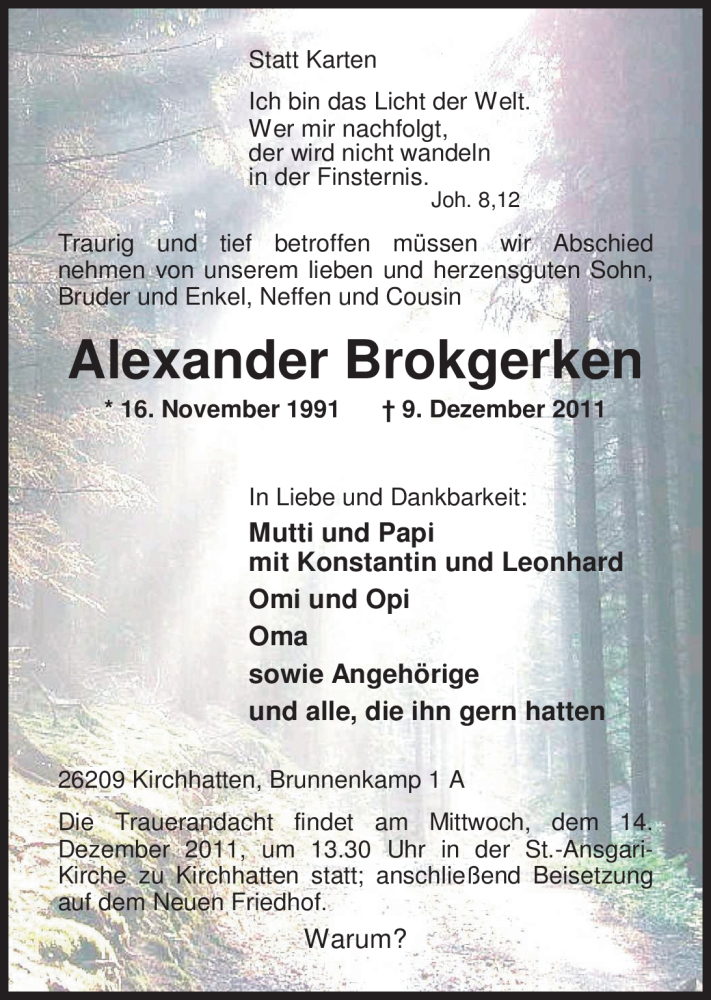  Traueranzeige für Alexander Brokgerken vom 12.12.2011 aus Nordwest-Zeitung