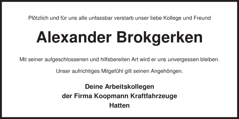  Traueranzeige für Alexander Brokgerken vom 12.12.2011 aus Nordwest-Zeitung