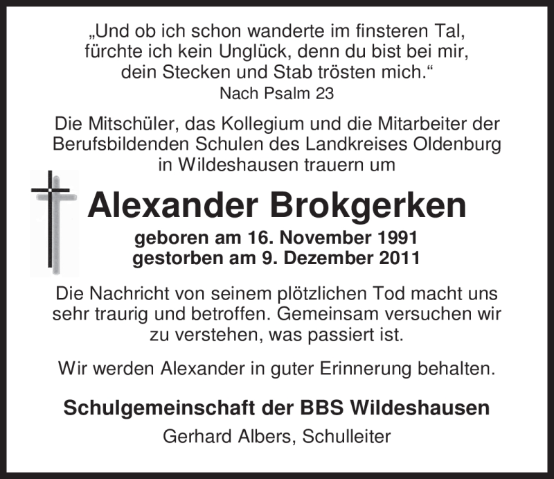  Traueranzeige für Alexander Brokgerken vom 14.12.2011 aus Nordwest-Zeitung