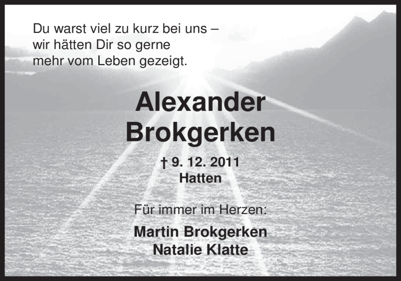  Traueranzeige für Alexander Brokgerken vom 13.12.2011 aus Nordwest-Zeitung
