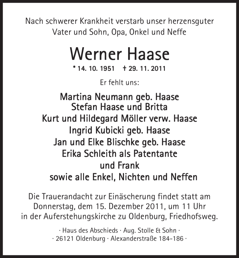  Traueranzeige für Werner Haase vom 13.12.2011 aus Nordwest-Zeitung