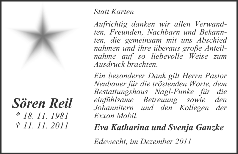  Traueranzeige für Sören Reil vom 17.12.2011 aus Nordwest-Zeitung