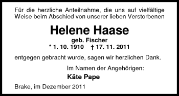 Traueranzeige von Helene Haase von Nordwest-Zeitung