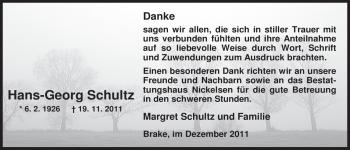 Traueranzeige von Hans-Georg Schultz von Nordwest-Zeitung