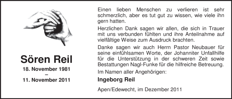  Traueranzeige für Sören Reil vom 16.12.2011 aus Nordwest-Zeitung