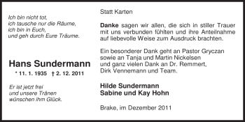 Traueranzeige von Hans-H. Sundermann von Nordwest-Zeitung