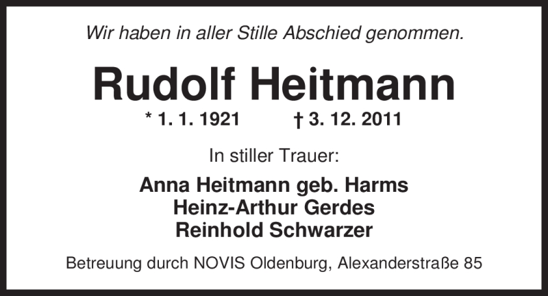  Traueranzeige für Rudolf Heitmann vom 20.12.2011 aus Nordwest-Zeitung
