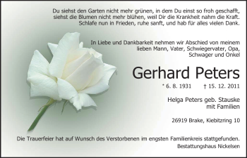 Traueranzeige von Gerhard Peters von Nordwest-Zeitung