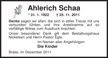 Traueranzeige von Ahlerich Schaa von Nordwest-Zeitung