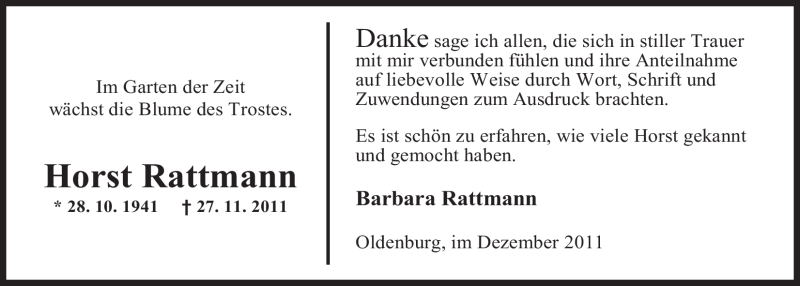  Traueranzeige für Horst Rattmann vom 22.12.2011 aus Nordwest-Zeitung