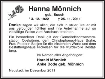 Traueranzeige von Hanna Mönnich von Nordwest-Zeitung
