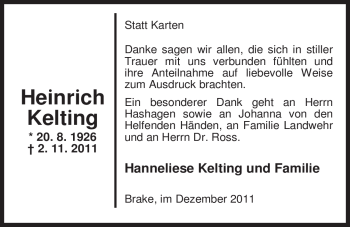 Traueranzeige von Heinrich Kelting von Nordwest-Zeitung