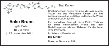 Traueranzeige von Anke Bruns von Nordwest-Zeitung