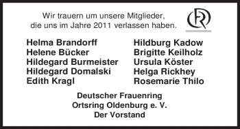 Traueranzeige von Deutscher Frauenring Oldenburg e. V. trauern von Nordwest-Zeitung