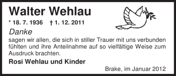 Traueranzeige von Walter Wehlau von Nordwest-Zeitung